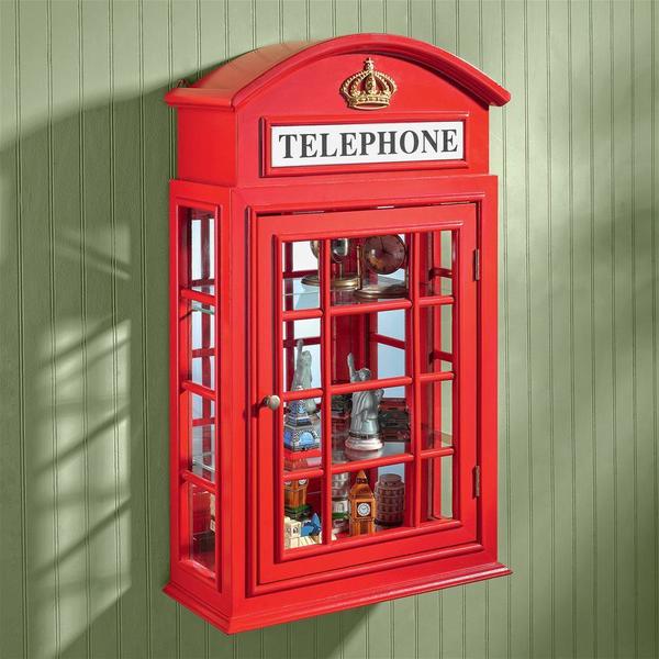 Design Toscano Piccadilly Circus British Telephone Booth Wall Curio Cabinet BN5230
